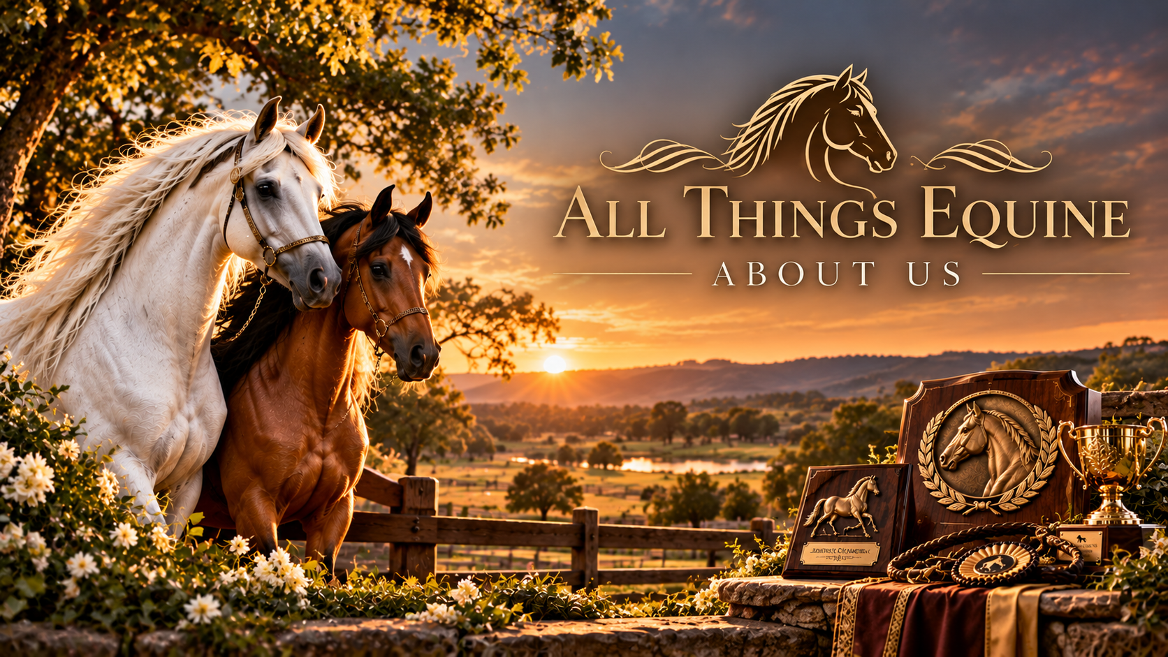 Arabian horses alongside beautiful equestrian plaques and trophies