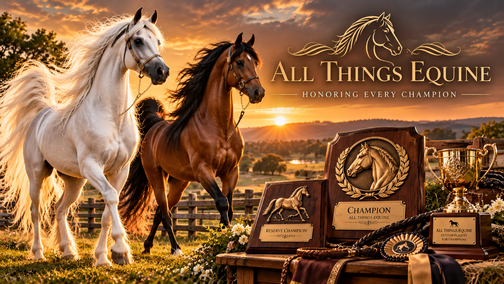 Beautiful Arabian horses with equestrian championship plaques and trophies