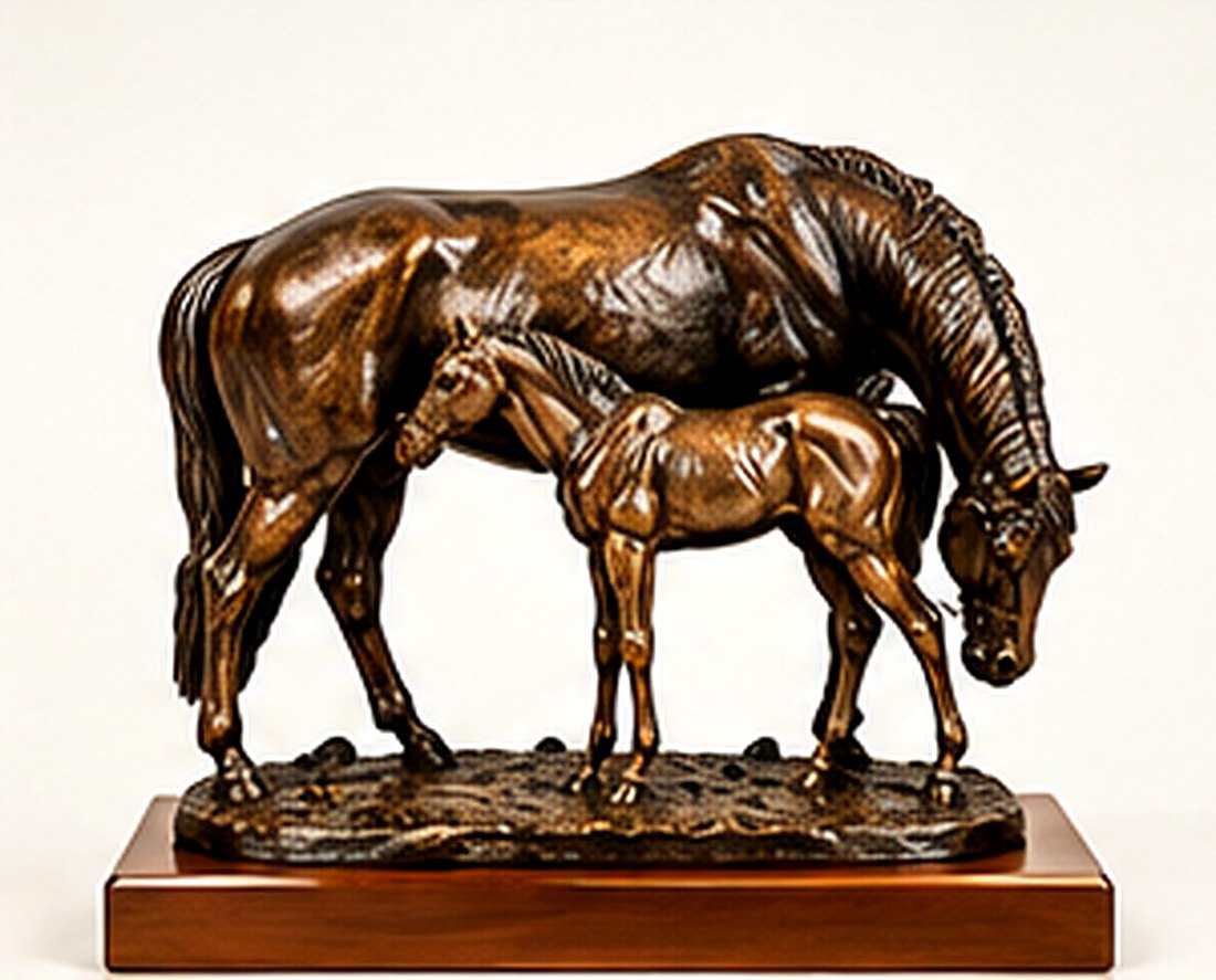 Antique Bronze "Peek-A-Boo" Mare and Foal Trophy Statue