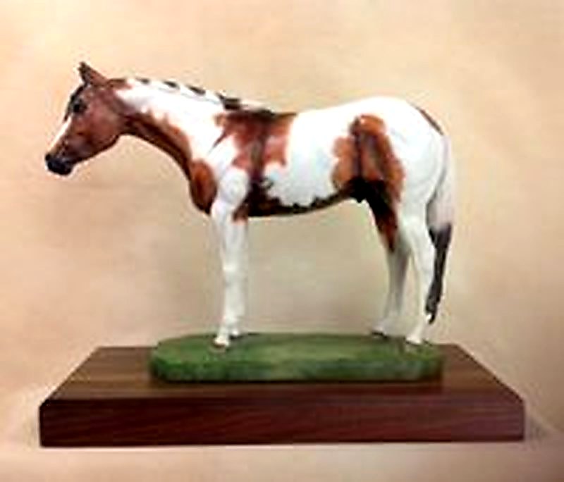 Full Body Large Size "Tobiano Paint Horse" Statue On Walnut